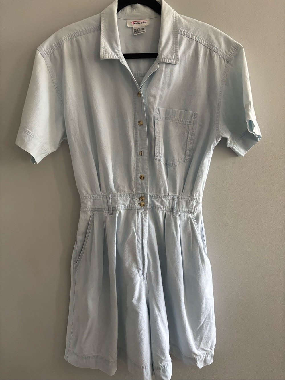 Talbots Vintage Chambray light blue denim short sleeve romper button front Sz 12